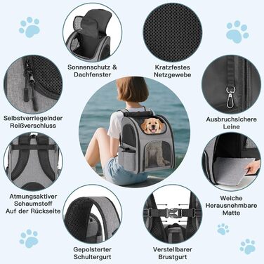Рюкзак для тварин до 10 кг з сіткою, дихаючий, з лінійкою безпеки та килимком - сірий