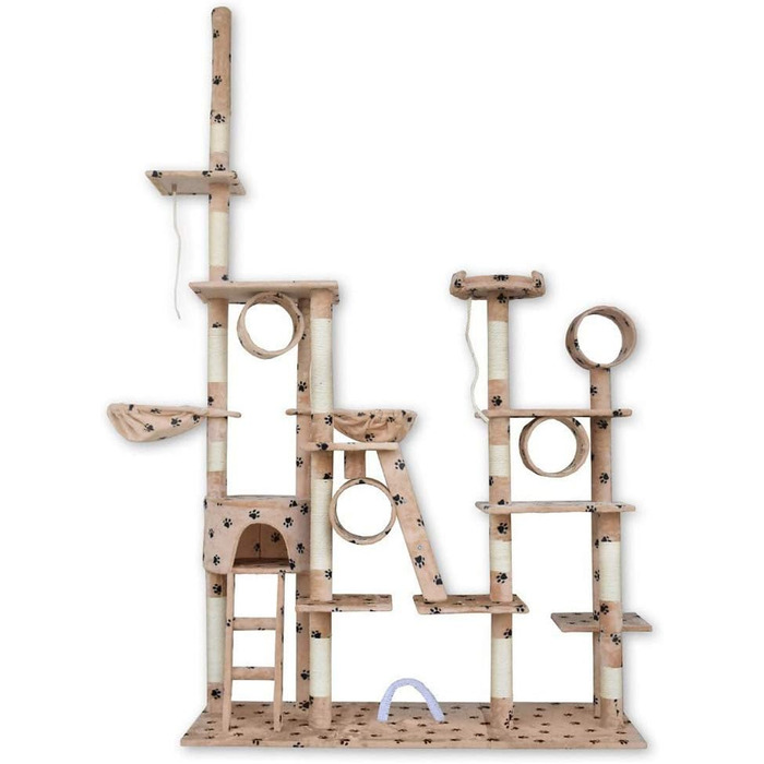 Кігтеточка BITUXX® для котів з будиночком та ігровим майданчиком, регульована висота 230-250 см (Бежевий / Лапка)