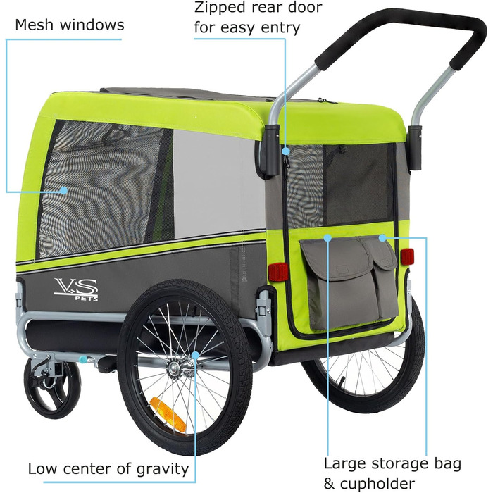 Візок для собак Tiggo VS Pets 2-в-1: візок та велосипедний причіп, великий, 270 л, до 35 кг, зелений