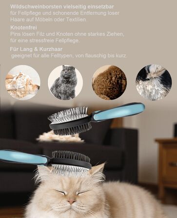 Двостороння щітка для собак та котів – вичісувальний гребінь для довгої та короткої шерсті, металеві щетинки та натуральна щетина, ергономічна ручка TPR, м'який та ефективний догляд за шерстю (Синьо-Чорний)