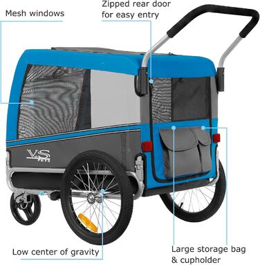 Візок для собак Tiggo VS Pets 2-в-1: візок та велосипедний причіп, блакитний, об'єм 270 л, до 35 кг