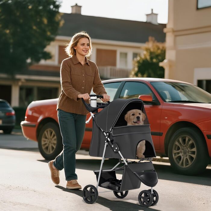 Візок для тварин: для собак та котів, 3 колеса, складаний, з кошиком та тримачем для напоїв, карбоновий чорний