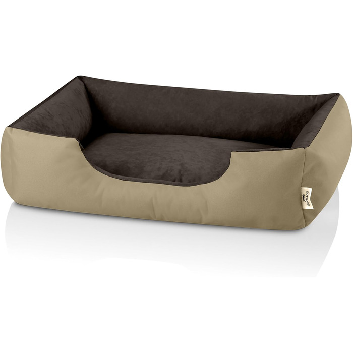 Лягушковий лежак для собак BedDog L - м'який лежак-кошик, диванчик, лежак-софа для собак середніх та маленьких порід NAMIBSAND (бежево-коричневий), 80 x 65 x 18 см, знімний чохол, можна прати