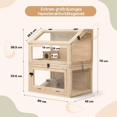 Клітка для хом'яків Nagarium двоповерхова з натурального дерева та акрилу 60x40x70 см – для щурів, багатоповерхова з роздільними рівнями та дверцятами