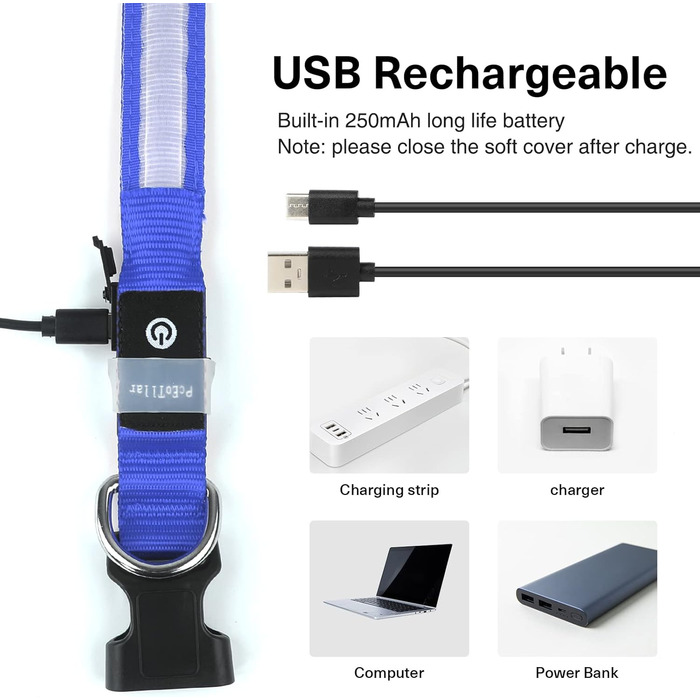 Світлодіодний нашийник для собак Leuchthalsband PcEoTllar, вологостійкий, 7 кольорів, 8 режимів, регульований, для маленьких та великих собак, синій, 28-40 см