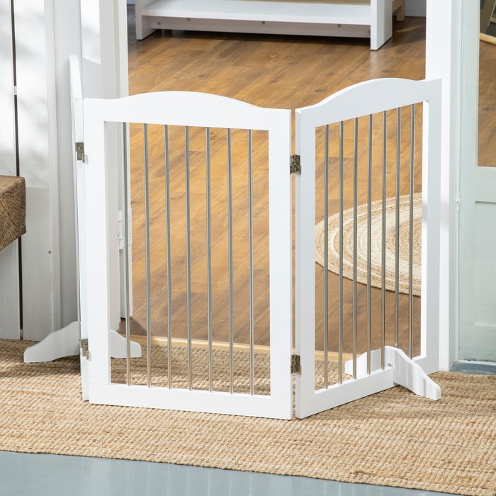 PawHut Dog Barrier Door Guard Складна підставка для собаки 3 тарілки Сходові ворота білі 154x30x80см | Аосом