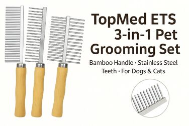 Набір для грумінгу TopMed ETS: 3 нержавіючі гребені, бамбукова ручка, для собак, котів та інших тварин