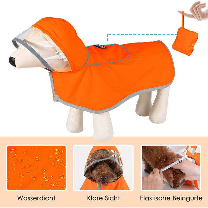 Водонепроникна дощовик для собак SowTon з капюшоном, для малих, середніх та великих собак, з світловідбиваючими смугами та сумкою для зберігання (M, Оранжевий)
