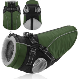 Зимовий теплий одяг для собак Konvinit: куртка з флісу з кріпленням для повідка, світловідбиваюча, для середніх собак, розмір M (53 см обхват грудей), колір зелений