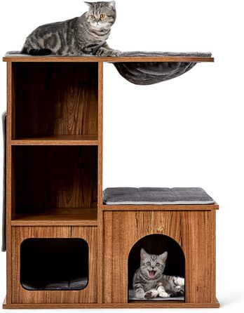 Котячий будиночок GYMAX з когтеточкою 81 см: дерев'яні меблі для котів з когтеточкою, лежаками, гамаком та 2 печерами, до 20 кг