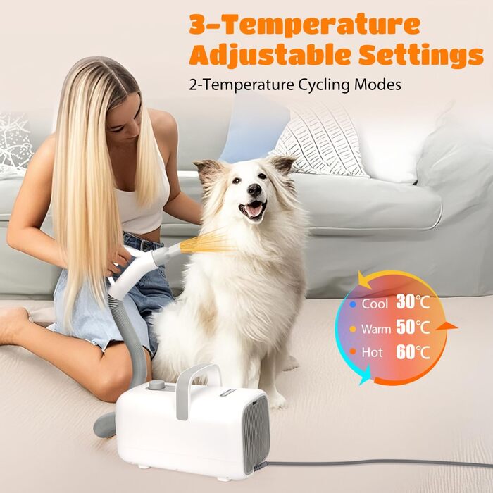 Професійний фен для грумінгу домашніх тварин Nobleza Pet Blower - 4 насадки, регулювання швидкості/тепла, тихий