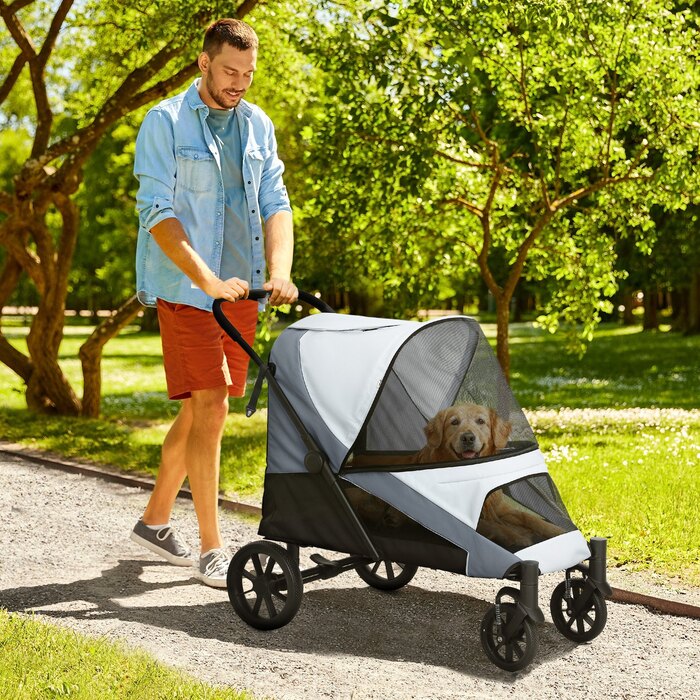 PawHut Коляска для собак Dog Buggy складна для великих собак і кішок до 30 кг Баггі для кішок з подушками Сітчасті вікна Двері Сумка для зберігання Котяча коляска з страхувальними тросами, гальмами, баггі Сірий | Аосом