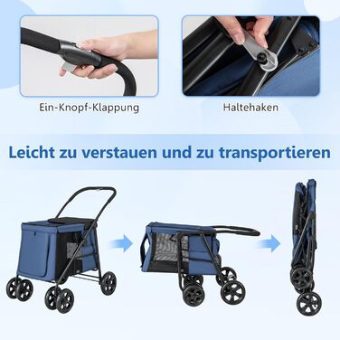 Візок для собак та котів GYMAX, складаний, до 40 кг, з кишенями та сітковими вікнами, універсальні колеса та ручка, блакитний