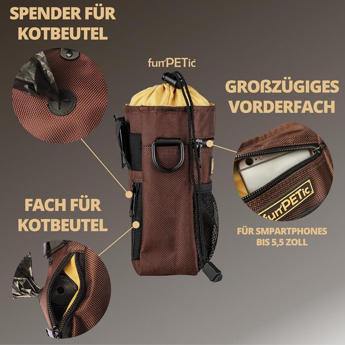 Набір для годування тварин funPETic: сумка для ласощів та складна миска з силікону. Сумка для корму з 4 відділеннями, варіанти носіння, карабін у подарунок. Ідеально для собак, коней та дресирування.