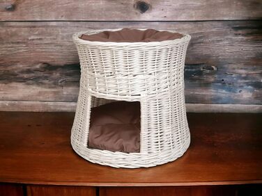 Кігтеточка-будиночок для котів: двоярусне ліжко з плетіння з лози, діаметр 50 см, з подушкою, білий колір