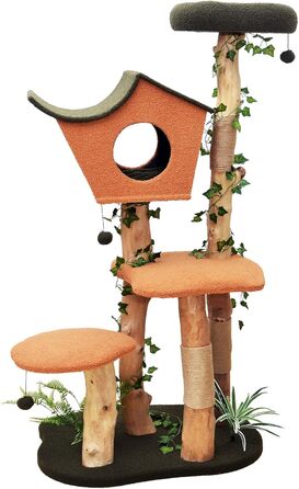 Котячий будиночок з когтеточкою Fudajo з рослинним декором, 154 см. Когтеточка з штучним хутром та деревом, будиночок для котів з іграшками, котячі меблі з платформами