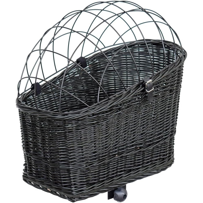 Корзина для собак на велосипед – ручної плетіння з лози, з ґратчастою кришкою, кріпленням для багажника та знімним подушечкою. Розмір: 60 x 39 x 50 см, колір чорний (венге), XL