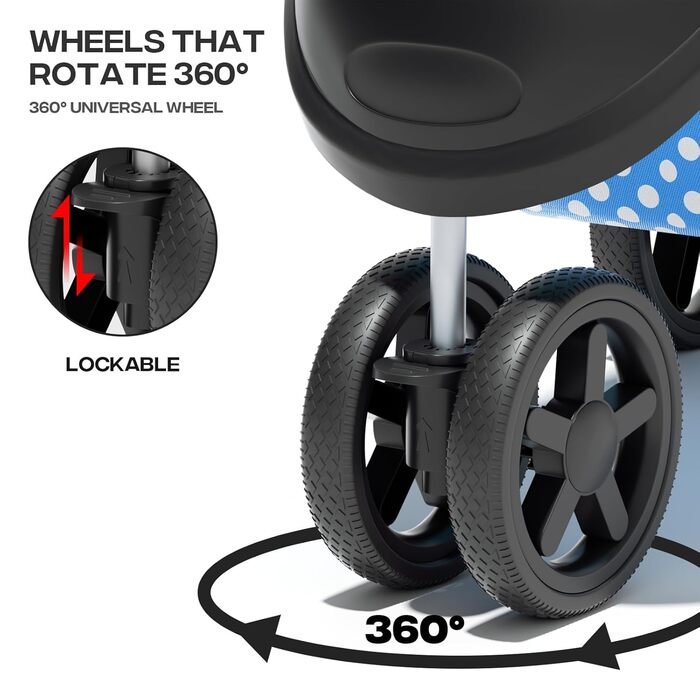 Дитяча коляска для котів та собак, 3 колеса, складна, з кошиком та тримачем для напоїв (Блакитний/У крапку)