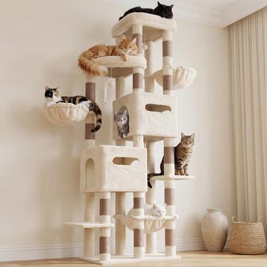 Heybly Katzenbaum 190 см, XXL Дряпка для великих котів, стійка висока когтеточка з великою платформою, 2 печери, гамак та міцні стовпи з сизалю, котячі меблі, HCT062G (Бежевий)