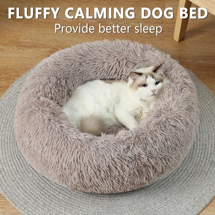Кругле м'яке ліжко для собак та котів з ковдрою, середнього розміру, коричневе, 61 см, ковдра 71x23 см