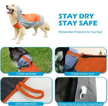 Водонепроникний дощовик для собак, регульований дощовик з відбиваючими смугами та капюшоном, дощова куртка для собак для прогулянок на природі, дощовий плащ для собак маленьких, середніх та великих порід (Зелений, Оранжевий)