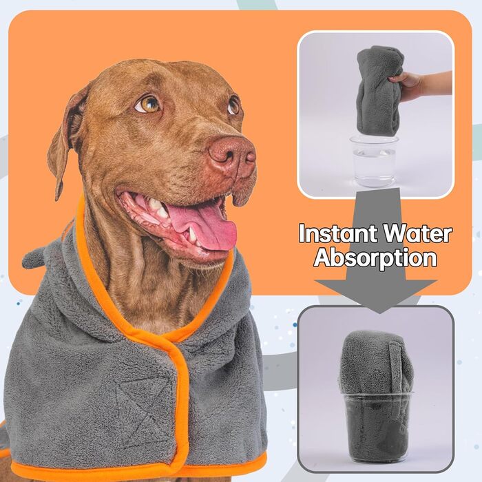 Рушник для собак OUOBOB з капюшоном, мікрофібра, для середніх собак, регульований пояс, Французький бульдог & Бостон Тер'єр, зелений (L, сірий)