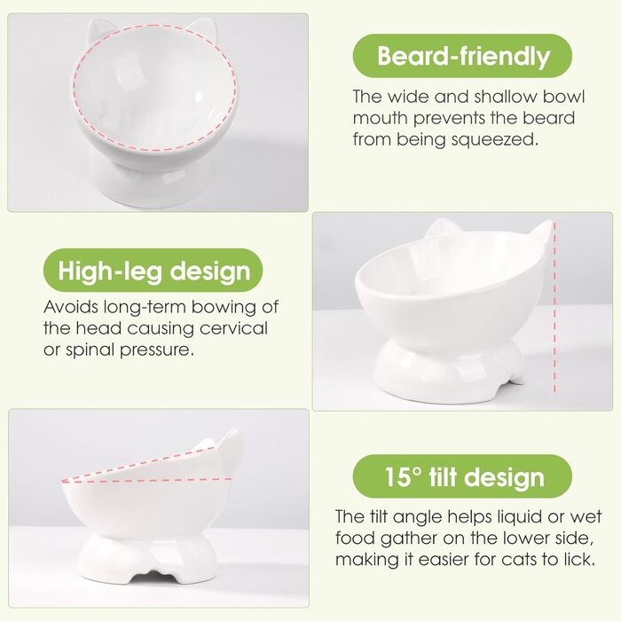 Набір мисок для котів (2 шт.), підняті, з захистом шиї, 15° нахил, кераміка, для корму та води - білий