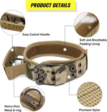 Тактичне нашийник для собак з ручкою та поводок, військовий нашийник з м'якою підкладкою з нейлону, регульований нашийник для середніх та великих собак (M, камуфляж)