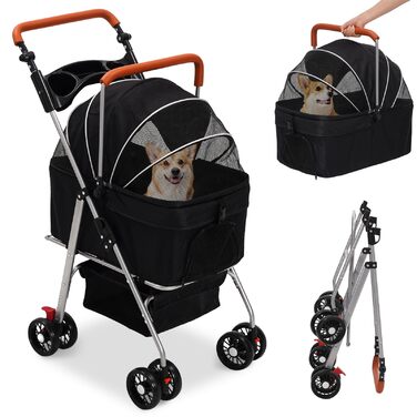 Візок для собак 3 в 1, до 20 кг, складний, з колесами, кошиком, сіткою, тримачем для напоїв, регульованою ручкою, для собак та котів
