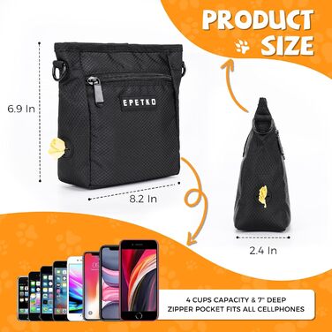 Чорна сумка для ласощів для собак великого об'єму з регульованим ремінцем та міцним магнітним закриттям