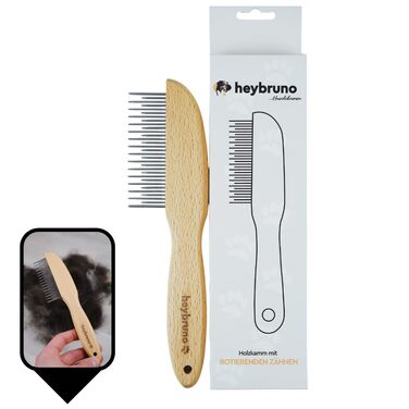 Гребінець для собак HeyBruno з обертовими металевими зубцями, для довгошерстих та великих собак, з дерева