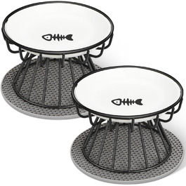 Підвищені годівниці для котів 2 шт. з кераміки з металевим підставкою, миски для котів з силіконовим килимком, станція для годування проти блювоти, миски для котів для корму та води, чорного кольору