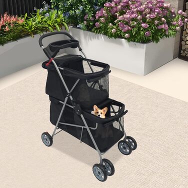 Двоярусний візок для домашніх тварин для собак та котів середніх та маленьких порід - Легкий візок-переноска для прогулянок, подорожей та відпочинку на природі, до 20 кг (Чорний)