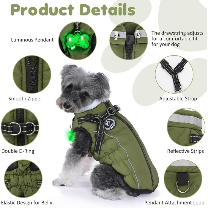 Зимовий одяг для собак: теплий, водонепроникний зимовий одяг з дзвоником, світловідбиваючі смуги, LED-ошийник, для маленьких та середніх собак (зелений, XL)