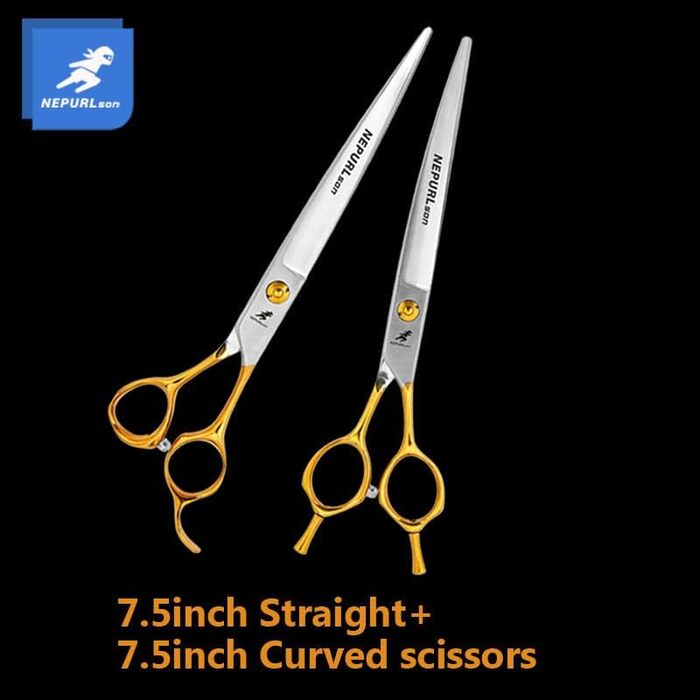 Набір професійних ножиць для грумінгу домашніх тварин (19,1 см), прямі та зігнуті ножиці для вирівнювання, сталь VG10