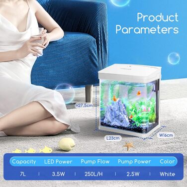Nobleza Нано-акваріум 7 л з LED підсвічуванням і фільтром, білий, для тропічних риб