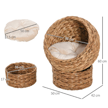 PawHut Ротанг Cat Cave Cat лежак з водяною гіацинтовою подушкою 50x42x60см світло-коричневого кольору для затишного відпочинку