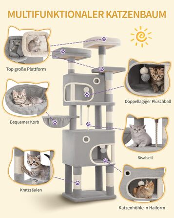 Кігтеточка для котів Hzuaneri, 159 см, з 8 стовпчиками, 3 платформами, 2 ховалами, корзиною, плюшевими кульками, мотузкою з сизалю, підходить для котів різних розмірів, MS15918LG (XL, світло-сірий)