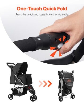 Візок для собак VEVOR, вантажопідйомність 16 кг, складний, для котів та собак, 3 колеса, сітчасті вікна, тримачі для напоїв, гальмо, для маленьких та середніх тварин