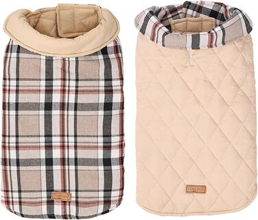 Зимовий одяг для собак, водонепроникна тепла куртка для малих, середніх та великих собак, для активного відпочинку на вулиці з отвором для повідка, двостороння куртка в клітинку, бежевого кольору, розмір L