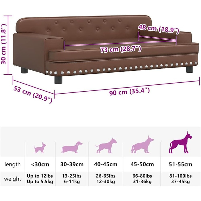 Крісло-ліжко для собак, лежанка для собак з м'якою подушкою, диванчик для собак, лежанка для котів, штучна шкіра (90 x 53 x 30 см, Коричневий)