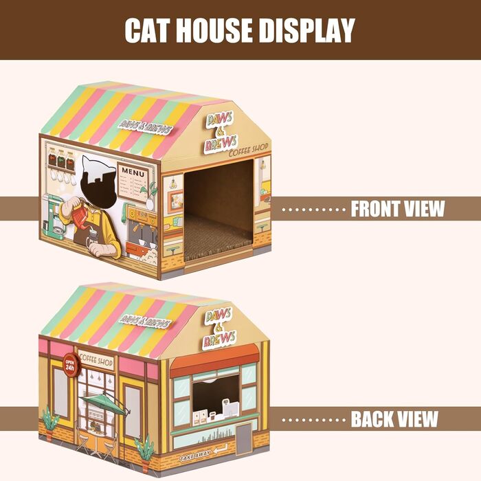 Будиночок для котів SEKAM з картону з котячою м'ятою, 41.8 x 30.5 x 33 см, іграшка-будиночок для котів, котяче дряпання, іграшка для дня народження, укриття для кроликів та дрібних тварин (Café)