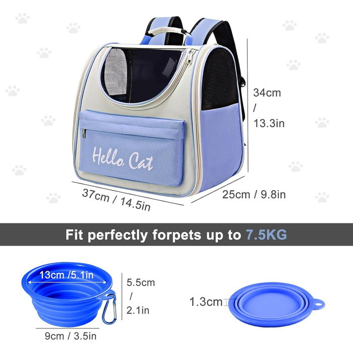 Рюкзак для тварин Surmounty з сітчастим вікном, складний, для котів та собак, з мискою для їжі та води, водонепроникний, до 15 кг (Блакитний)