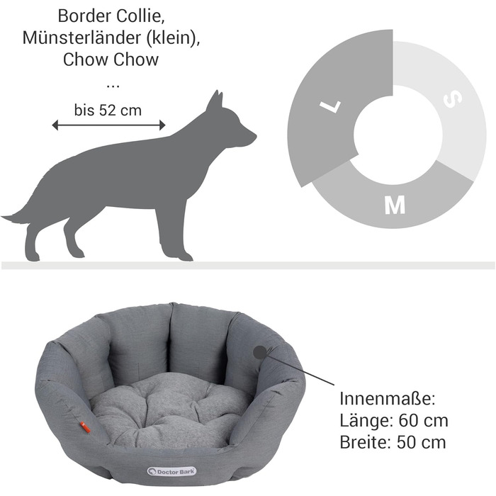 Кругле ліжко для собак Doctor Bark - м'яке, з ортопедичною подушкою, для собак середніх порід, миється до 95°C, Made in Germany (L - 60x50 см, світло-сірий)