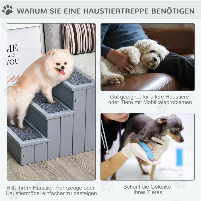 PawHut Pet Stairs Сходи для собак з 3 сходинками та килимом, для зберігання, сірий, 40.5x44.5x38 см для маленьких собак та котів