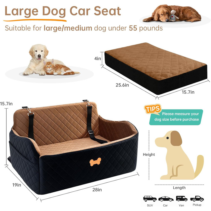 Підвищення для автокрісла для собак великих порід, для собак до 25 кг або 2 маленьких собак, м'яке авто-ліжко для собак з товстого Memory Foam, 2 страхувальні ремені та сумка для зберігання (Коричневий/Чорний)