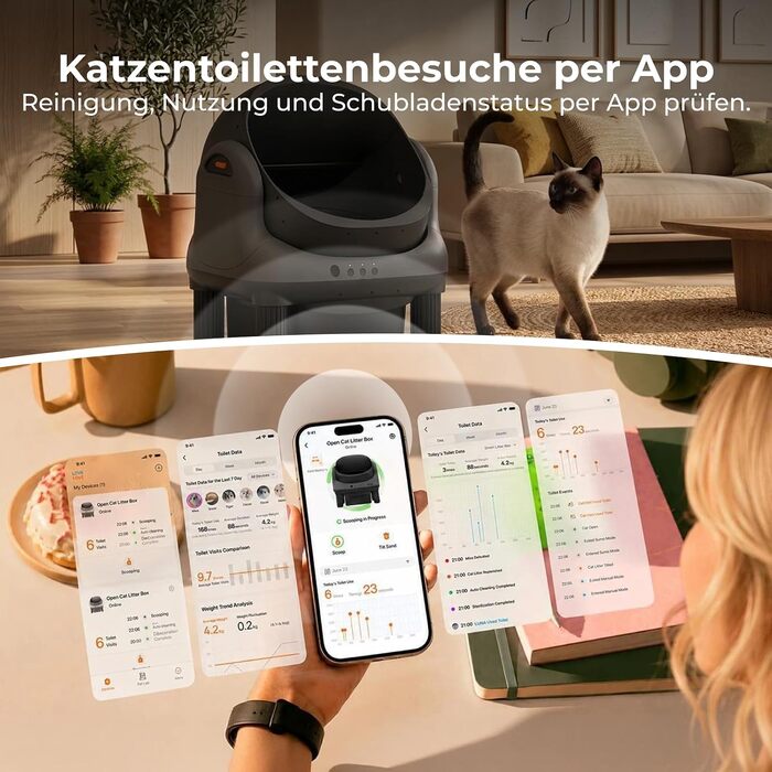 Самоочисна автоматична вбиральня для котів HHOLOVE Open Top L1 з керуванням через додаток, датчиками безпеки та захистом від затискання, чорна