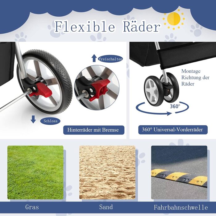 Візок для тварин GYMAX: розкладний візок для котів/собак до 15 кг, з кошиком для зберігання, захистом від дощу та сіткою, 4 колеса, чорний