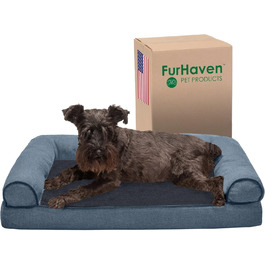 Ліжко для собак середнє Furhaven з меморі пінною, диван Sherpa & Chenille, знімний та праний чохол, синє