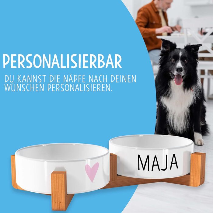 OWLBOOK Миска для собак з іменем Rosa Herz, подвійна керамічна миска з бамбуковим підставкою, 300 мл
